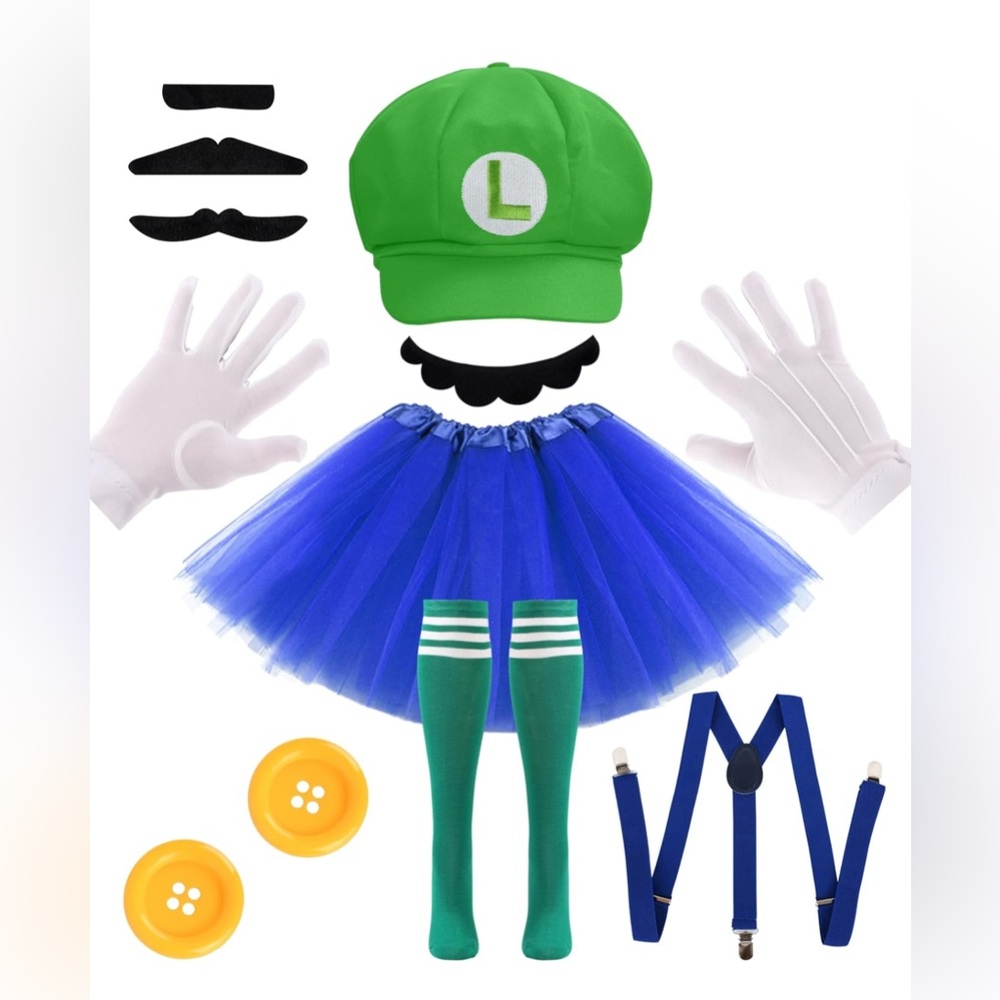 Luigi Inspired Costume Set Green Hat Blue Tutu Suspenders Gloves Adult - Picture 3 of 7